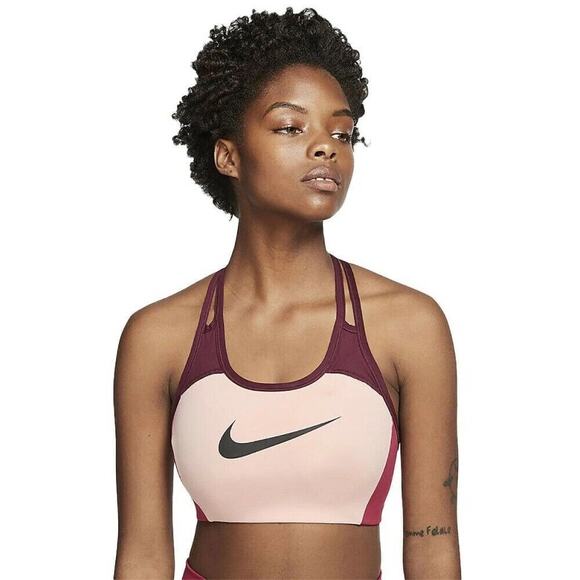 Nike Swoosh Logo Sports Bra Colorblock Cut Out Pink Maroon Purple Womens Medium - Picture 1 of 5